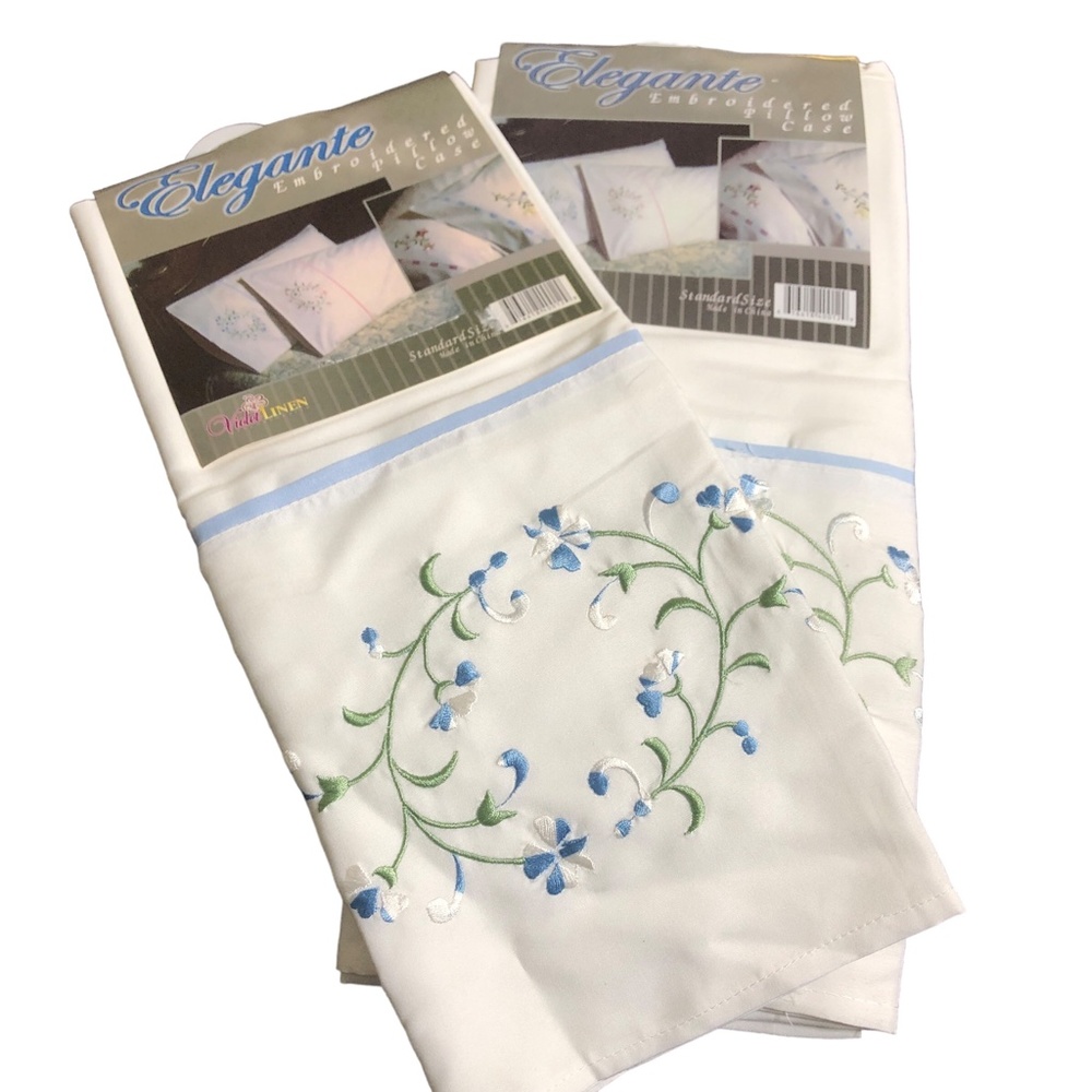 Violet Linen Elegante Pillow Cases Standard Size White- Blue Floral Embroidery